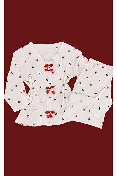 Mihra Kiraz Desenli Gömlek Yaka Düğmeli Kaşkorse Kumaş Kadın Pijama Takımı