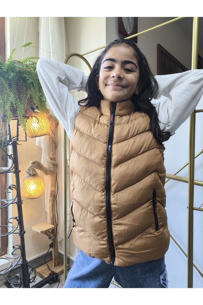 Şimo Butik Girls-Boys Inflatable Vest with Lining, Zippered Pockets, Water-Repellent, Windbreaker, Heat Insulated, Bronze Tan