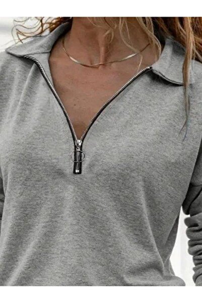 Moda Ebrar Γυναικεία μπλούζα με μακρύ μανίκι με φερμουάρ με δύο κλωστές