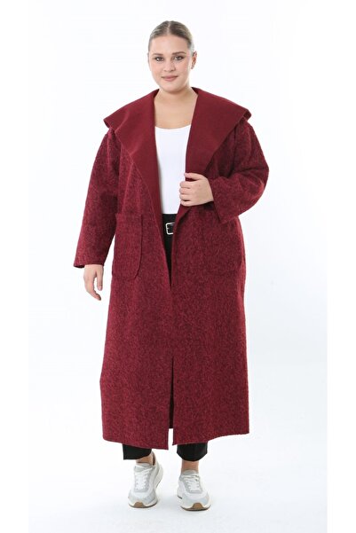 Butik Nilyam Women's Plus Size Long Hooded Turn-Down Collar Distressed Cashmere Cardigan Jacket Coat 25055