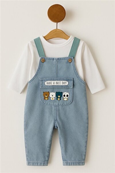 ALTINTAŞ BABY Green Color Knitted Jeans with Suspender Detail Seasonal 2-Piece Salopet