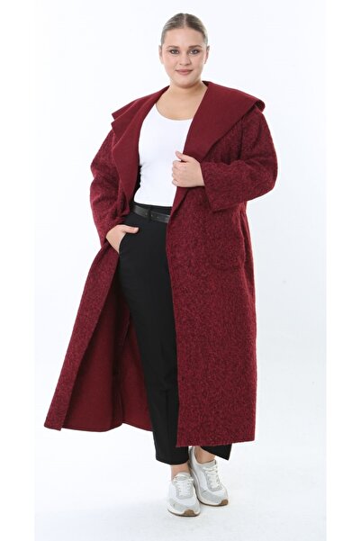 Butik Nilyam Women's Plus Size Long Hooded Turn-Down Collar Distressed Cashmere Cardigan Jacket Coat 25055