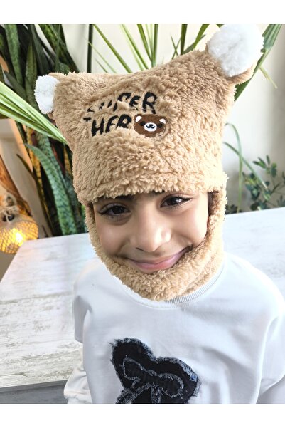 Şimo Butik Girls Boys Unisex Self-Necked Beanie with Plush Figure Soft Ear Protection Light Brown
