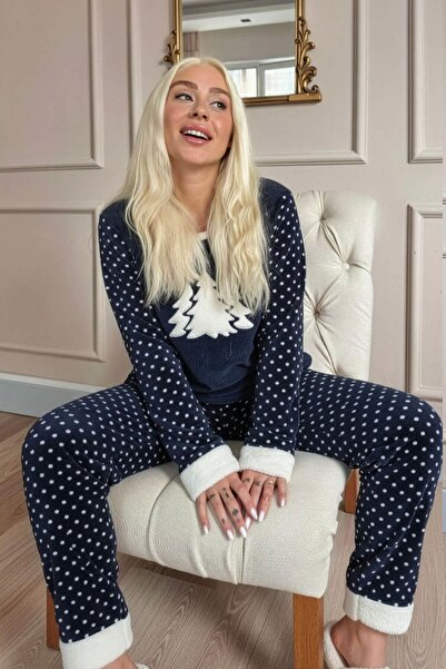 Pijamaevi Navy Blue Pine Tree Patterned Women's Plush Pajama Set