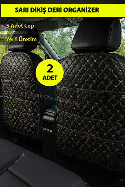 Nuryak Oto Aksesuar 2 Pieces Leather Organizer with Yellow Stitching on the Back of the Seat, Compatible with All Vehicles