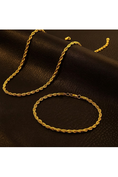 Solvia Officiall Unisex Gold Renk Örgü Zincir Kolye Bileklik Seti - Paslanmaz...