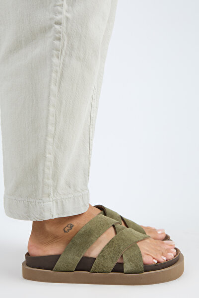 Manijero Paula Soft Footbed Women's Genuine Leather Cross Strap Slippers Khaki