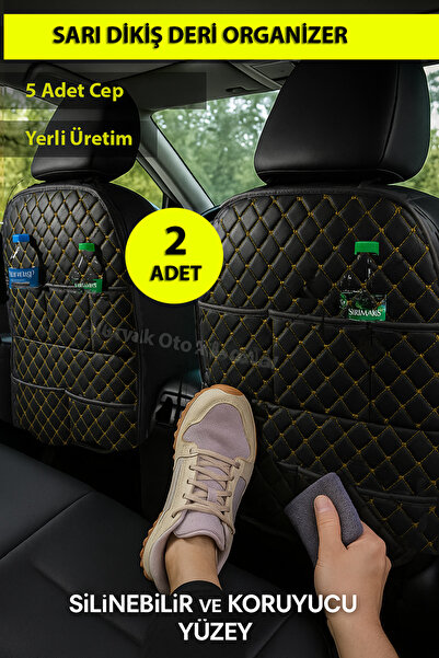 Nuryak Oto Aksesuar 2 Pieces Leather Organizer with Yellow Stitching on the Back of the Seat, Compatible with All Vehicles