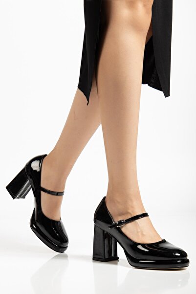 Dilimler Ayakkabı Women's Thick Platform Heeled Shoes Black Patent Leather with Hard Hat