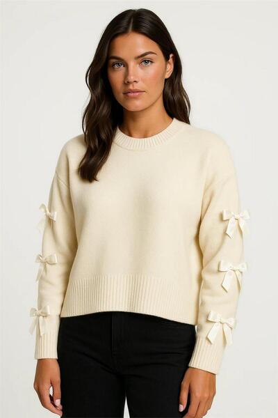 WeShaya Pulover casual cu mâneci lungi, cu detaliu de panglică crem