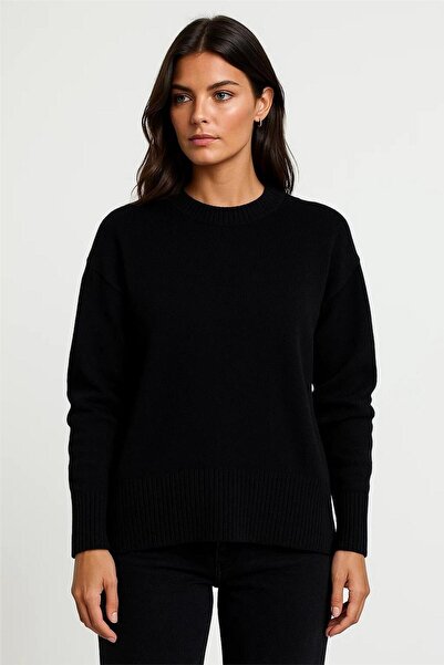 WeShaya Pulover negru cu gât rotund, cu detalii cu nervuri, cu textura moale, tricotaj casual