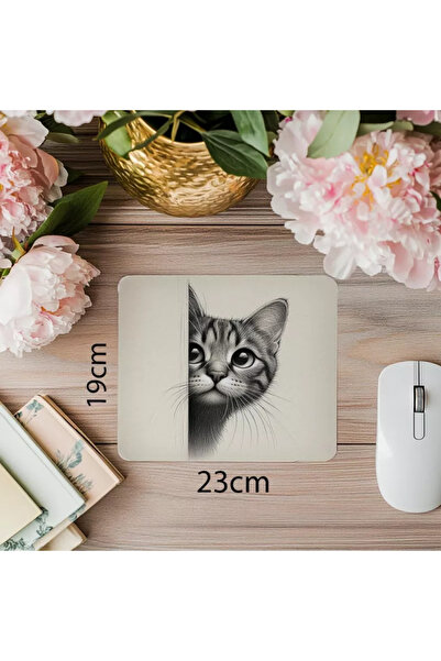 Wisdom Rain Mousepad cu pisică desenată manual pe fundal alb - 19x23 cm 2 mm dreptunghiulară importată imprimată