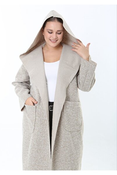 Butik Nilyam Women's Plus Size Long Hooded Turn-Down Collar Distressed Cashmere Coat 25056