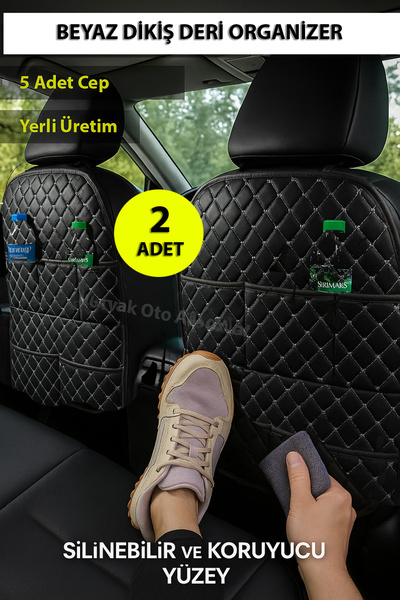 Nuryak Oto Aksesuar 2 Pieces of Leather Organizer with White Stitching on the Back of the Seat, Compatible with All Vehicles