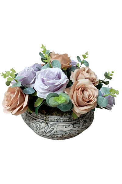 Cennet Home Lüks Antik Beton Saksıda Gül Aranjmanı Dekoratif Masaüstü Yapay Çiçek