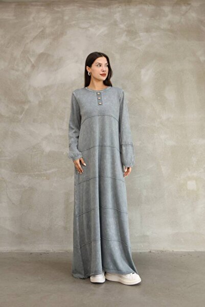 AYASOFYA OTANTIK Women's Gray Button Detailed Round Neck Long Sleeve Vintage Detailed Loose Cotton Knit Long Dress
