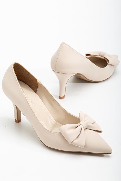 Dilimler Ayakkabı Plus Size Women's Stiletto Thin Heeled Shoes Beige Satin Bowknot