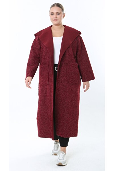 Butik Nilyam Women's Plus Size Long Hooded Turn-Down Collar Distressed Cashmere Coat 25056