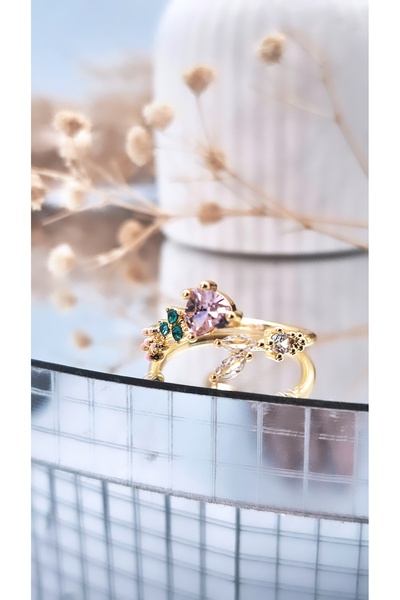 Serenity خاتم مطلي بالفولاذ مرصع بحجر الزركون بثلاثة ألوان باللون الوردي والأ...