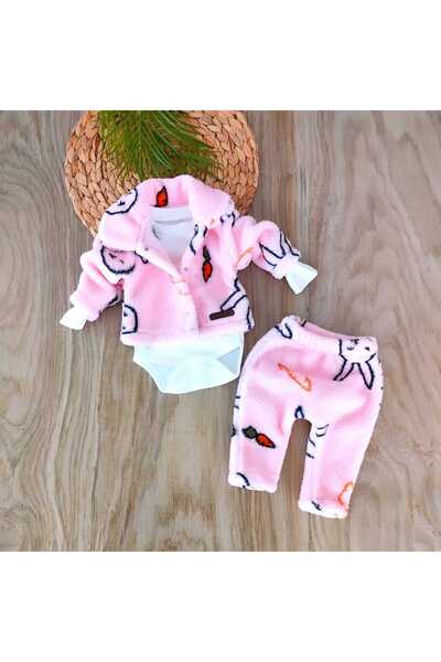 bebe kervanı Kız Bebek %100 Pamuklu Pembe Polar Kışlık Badili 3'lü Takım BBK5824