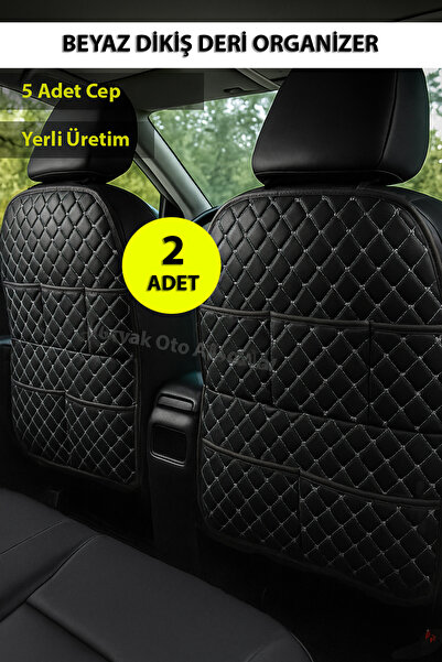 Nuryak Oto Aksesuar 2 Pieces of Leather Organizer with White Stitching on the Back of the Seat, Compatible with All Vehicles