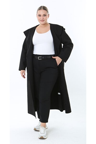 Butik Nilyam Women's Plus Size Long Hooded Turn-Down Collar Distressed Cashmere Coat 25056