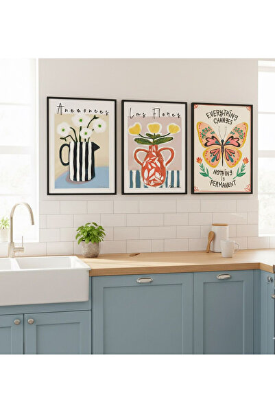 Linacci Set of 3 Black Metal Frame Butterfly Flower Real Glass Painting