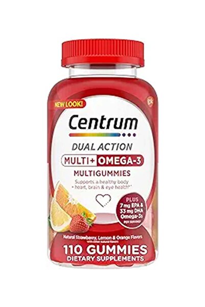 Centrum حلوى جيلاتينية متعددة الفيتامينات مع أوميغا 3 بنكهة الفراولة والليمون والبرتقال الطبيعية 110 حلوى جيلاتينية