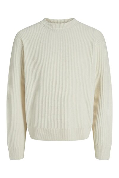 Jack & Jones Чоловічий білий светр з круглим вирізом Jcogrid Knit Crew Neck Kazak & Hırka 12283169-Seasalt