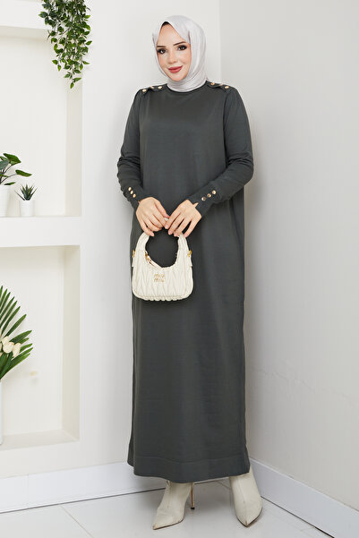 Pamuk Butik Women's Mercerized Knitwear Dress with Shoulder Epaulettes Khaki