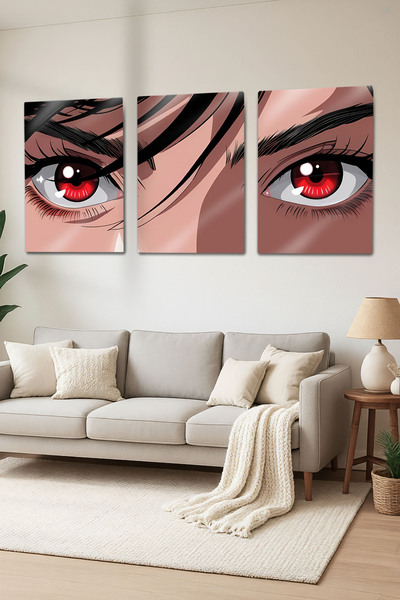 DekorHane Metal Baskı - 3 Parçalı Tablo Seti, Anime, Manga Kırmızı Gözler, Mo...