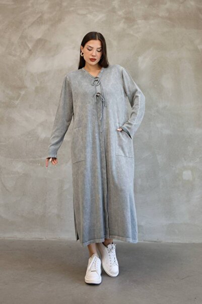 AYASOFYA OTANTIK Women's Gray Round Neck Buckle Side Slit Vintage Detailed Cotton Knit Long Dress