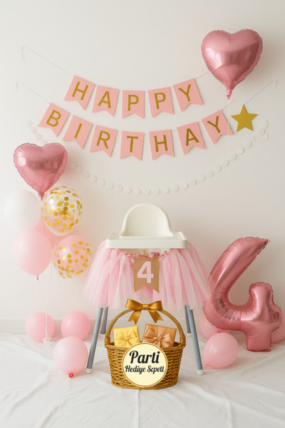 parti hediye sepeti Pembe Gold 4 Yaş Doğum Günü Balon Seti | Kalp Folyo + Happy Birthday Yazısı + Şeffaf Pullu Balon
