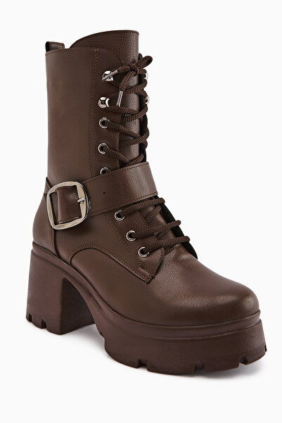 Limoya Γυναικείες μπότες με τακούνι με πλατφόρμα Caklin Brown Belted