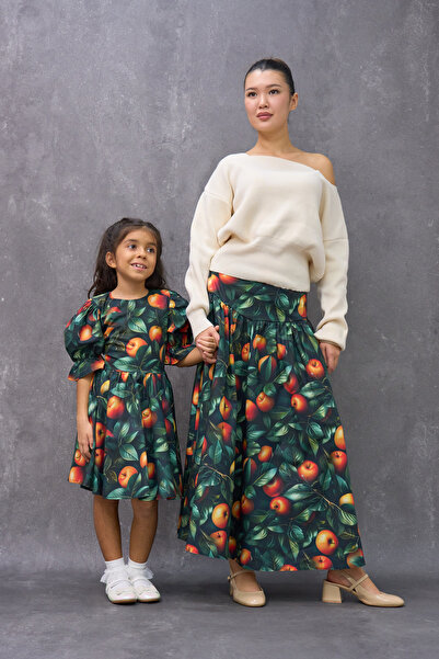 KÜÇÜĞÜM BUTİK Vintage Apple Patterned Satin Mother Skirt and Girl's Flared Dress (Sold Separately)