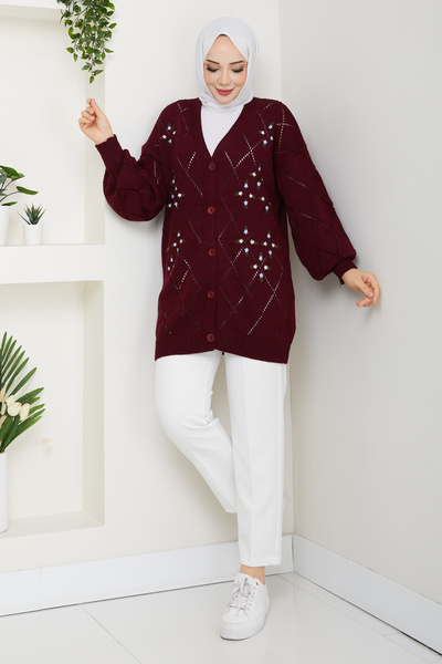 Pamuk Butik Women's Star Patterned Buttoned Knitwear Cardigan Burgundy