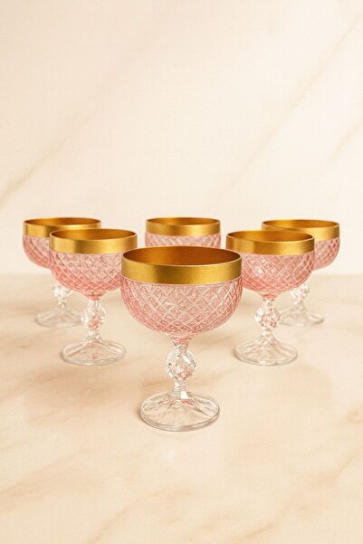 BOHEMİA CRYSTAL Bohemia Cut Ice Cream Bowl / Set of 6 - Pink Matte Gold Gilding - 250 ml