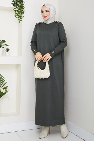 Pamuk Butik Women's Mercerized Knitwear Dress with Shoulder Epaulettes Khaki