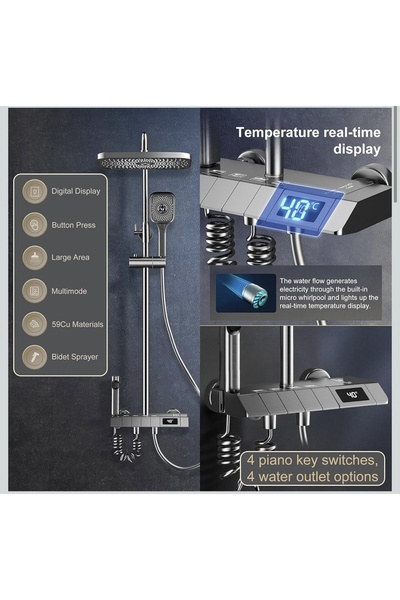 İyem PREMİUM Dijital Göstergeli Piyano Tuşlu Termostatik Banyo Batarya Duş Sistemi (HAM MADDE SARI)