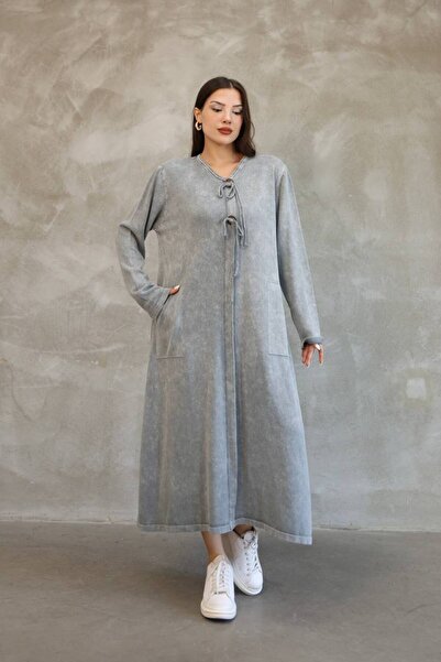 AYASOFYA OTANTIK Women's Gray Round Neck Buckle Side Slit Vintage Detailed Cotton Knit Long Dress