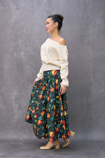 KÜÇÜĞÜM BUTİK Vintage Apple Patterned Satin Mother Skirt and Girl's Flared Dress (Sold Separately)