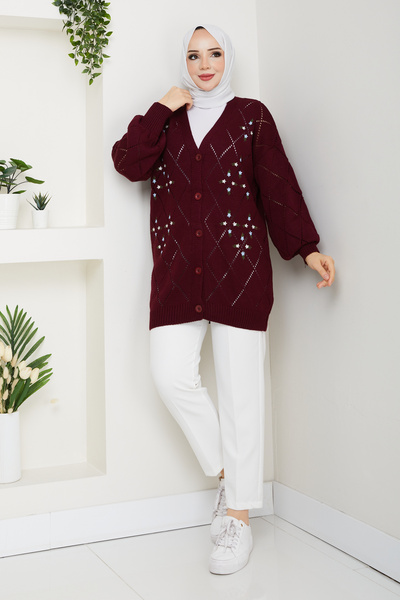 Pamuk Butik Women's Star Patterned Buttoned Knitwear Cardigan Burgundy