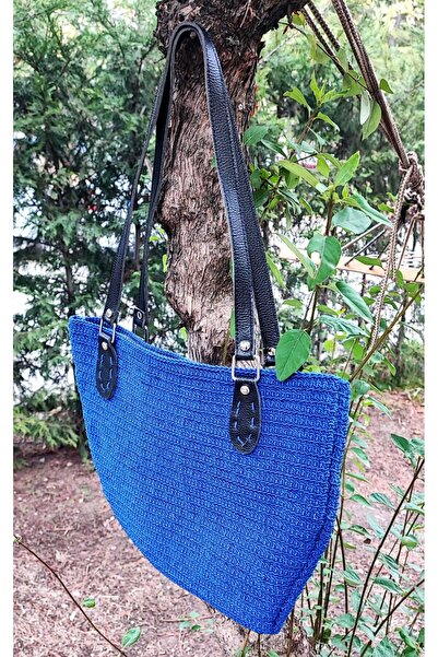 BaharEli Handcrafted Knitted Bag / Crocheted with Blue Macrame Cord / Lined, with Inner and Outer Pockets (38X29)