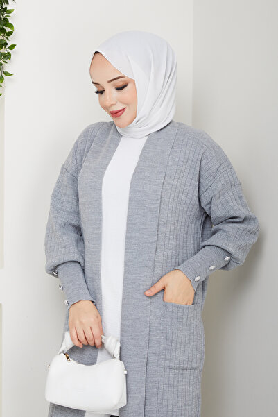 Pamuk Butik Women's Sleeve Buttoned Shawl Collar Steel Knitted Sweater Cardigan