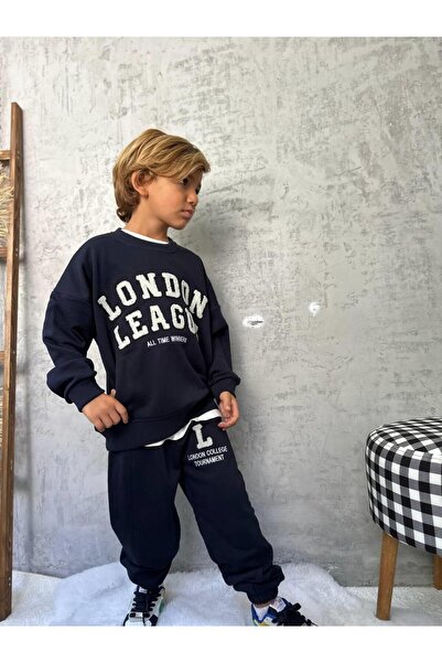 Magu Erkek Çocuk Pamuklu Lacivert London League Yazılı Eşofman Takımı - Kolej Tarzı Spor Model