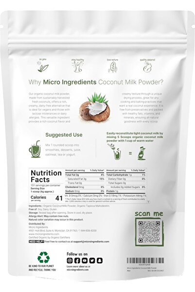 Micro ingredients Organic Coconut Milk Powder, 2 Pound (32 Ounce), Plant-Based Creamer, Perfect for