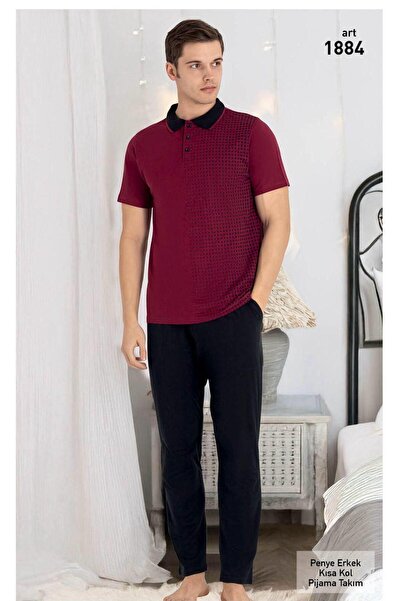 VAJESTO Ανδρικό κόκκινο βαμβακερό κοστούμι πιτζάμα με κουμπιά με γιακά με τσέ...