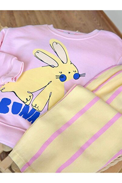 Magu Girl's Cotton Pink Rabbit Printed Sweatshirt Set - with Yellow Striped Pants