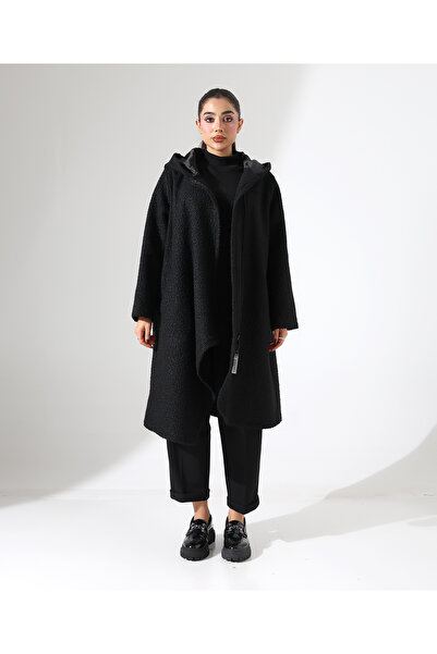 Fi'l Arz Fashion Women's Asymmetrical Zipper Hooded Long Plus Size Coat