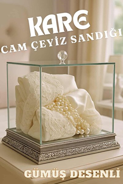 Dantelux Kare Cam Çeyiz Sandığı - Çeyizlik Cam Kutu - Desenli Gümüş - Küçük B...
